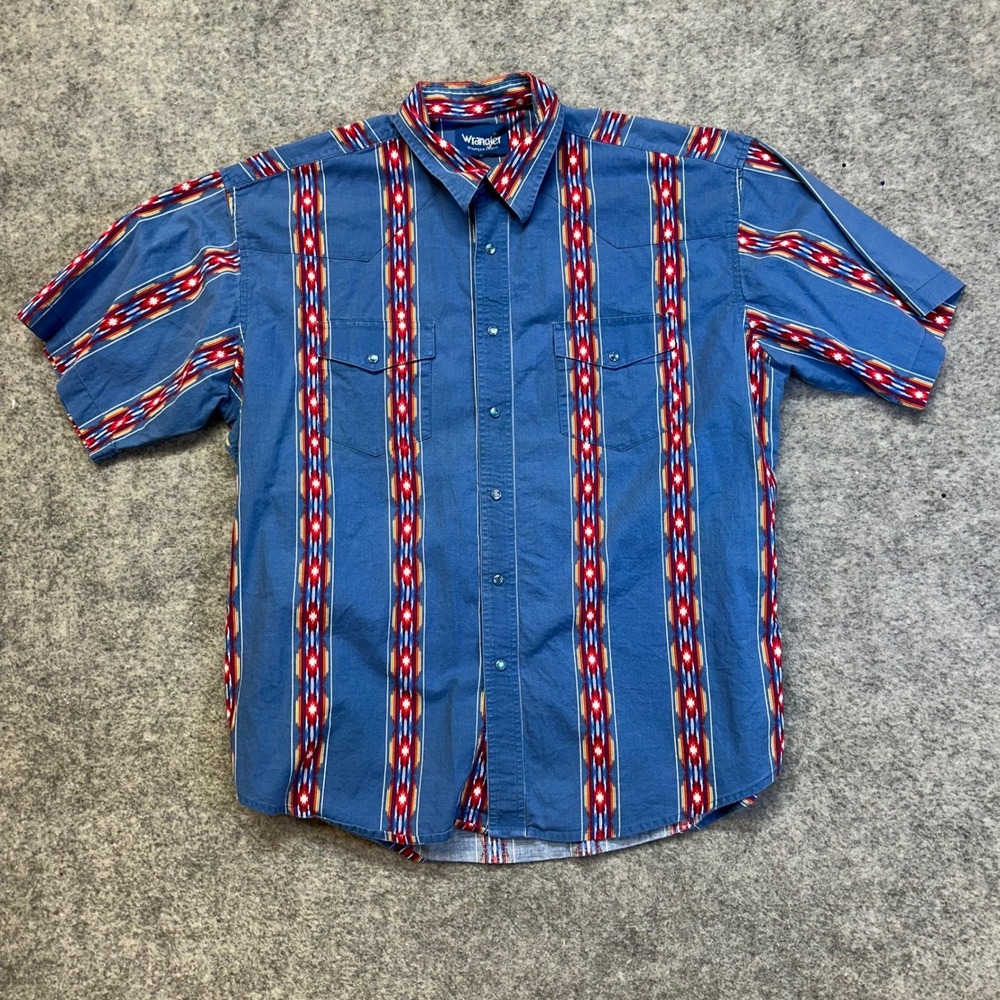 Vintage Wrangler Western Shirt Men XL Blue Aztec Stripe Short Sleeve Pearl Snap